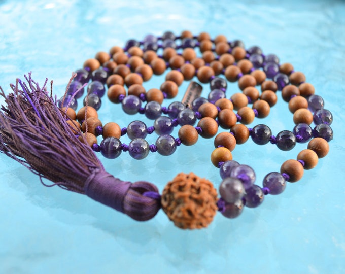Sandalwood Mala Necklace, 8 mm 108 knotted Sandalwood Japa Mala, Wood Bead Necklace, Sandalwood Rosary Hindu Buddhist Prayer Beads Tibetan
