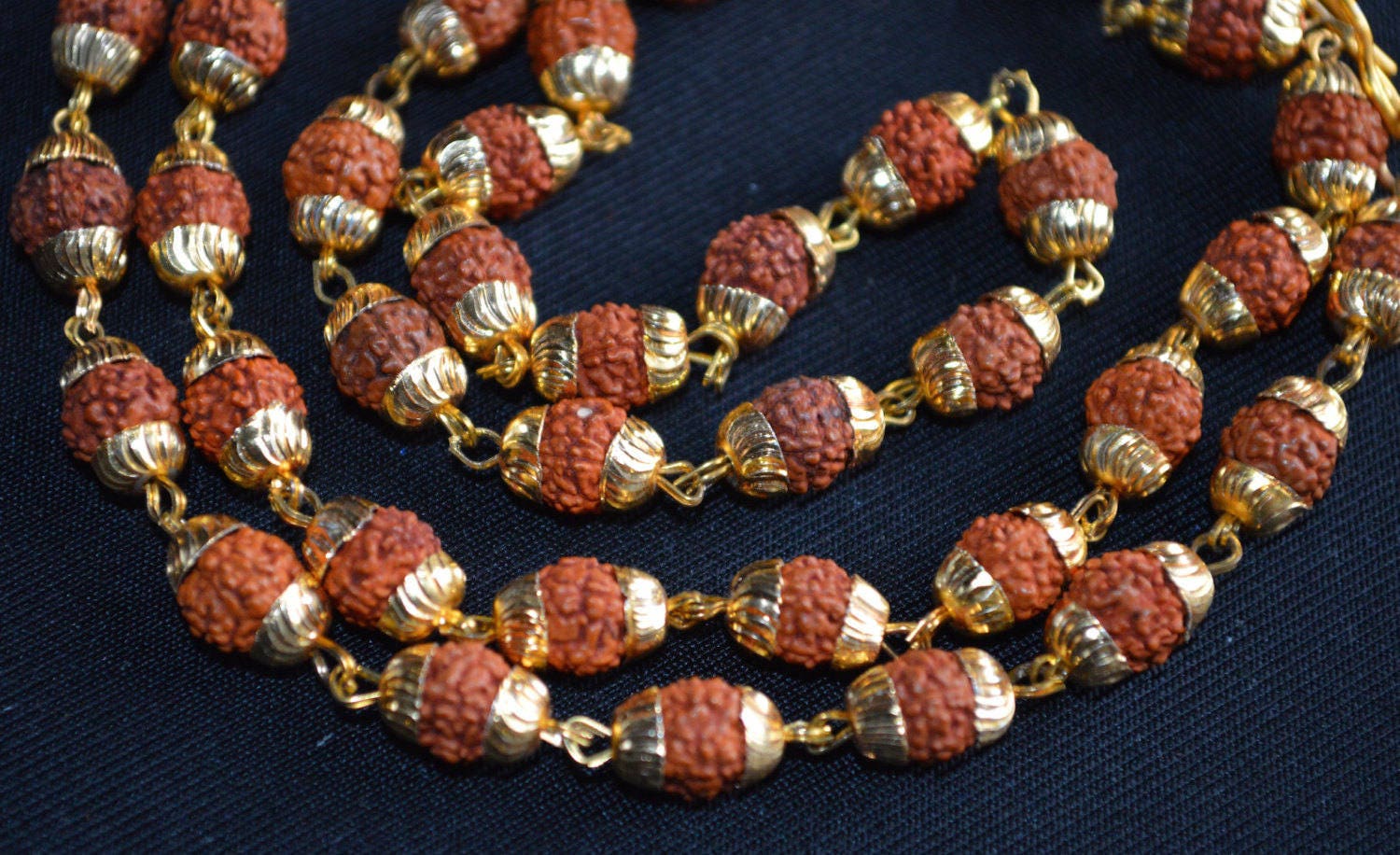 Rudraksh Beads, Rudraksha Mala Beads Necklace with Golden caps links
