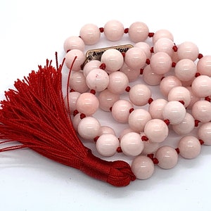 Pink Jade Hand Knotted 541 Mala Beads Necklace Energized Karma Nirvana Meditation 10 mm Prayer Beads For Awakening Chakra Kundalini image 1