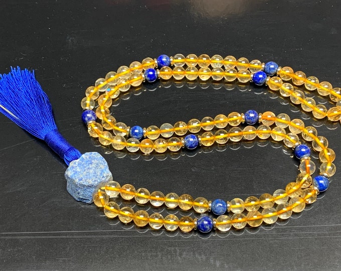 Citrine Beaded & Lapis Lazuli Necklace, Citrine Beads Mala