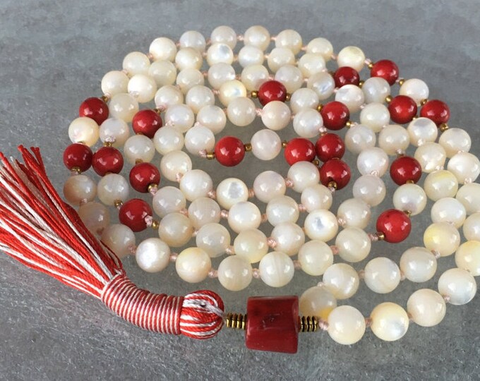 108 Genuine Red Coral and Mother of Pearl Mala Beads Necklace, Gifts for Brides, Mother, Attracts love, Assists clear reasoning, Truthfulnes