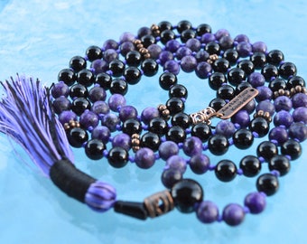 Charoite & Tourmaline Mala Necklace Bracelet (8mm Beads)/Spiritual, Overcome Fear, Reduce Stress, Negativity, Stress, Obsessions