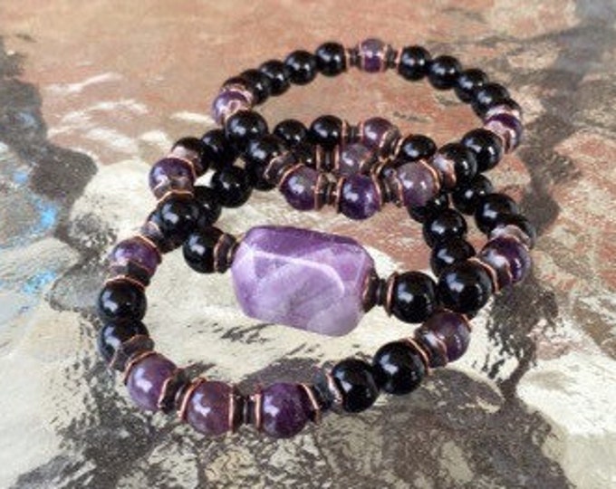 Black Onyx & Amethyst Bracelet, 8mm Beads, Wrist Mala, Healing Bracelet, Blessed Karma Nirvana