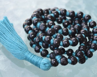 Blue and Black Wooden Beads Hand Knotted Mala Necklace - Blessed Karma Nirvana Meditation 8mm Prayer Bead For Awakening Chakra Kundalini