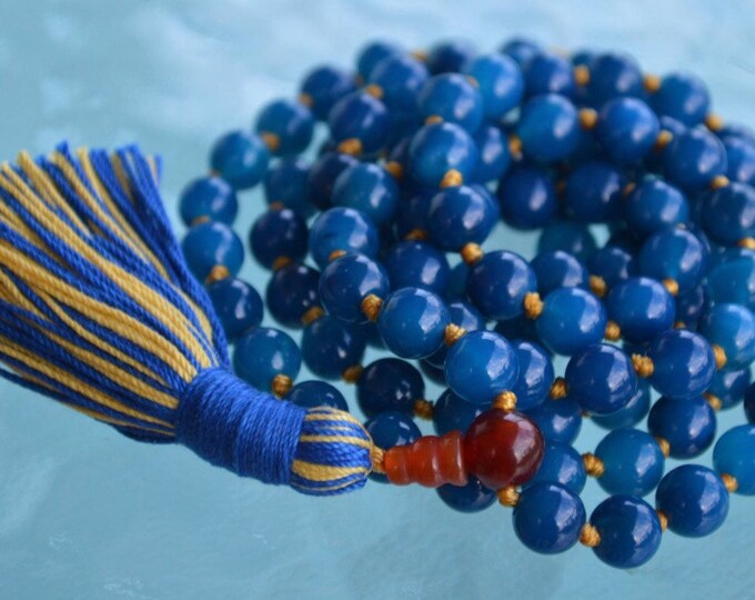 Blue Agate Beaded Necklace, Hand Knotted Mala Beads Wrap Bracelet - 8mm