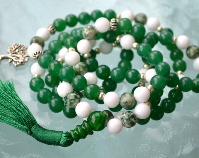 Green Jade And Tree Agate Beads Wrap Mala Necklace with Tree Of Life Charm