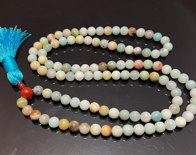 108 Beads Healing Mala Necklace, 7 Chakra Amazonite Tassel Necklace, Meditation Spiritual Protection,Natural Stone Mala Prayer Beads,