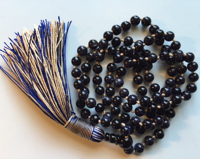 Cyber Monday Sale 108 Blue Sandstone/Goldstone mala beads encourages Independence and Originality, Clarity in making decissions, Inution,