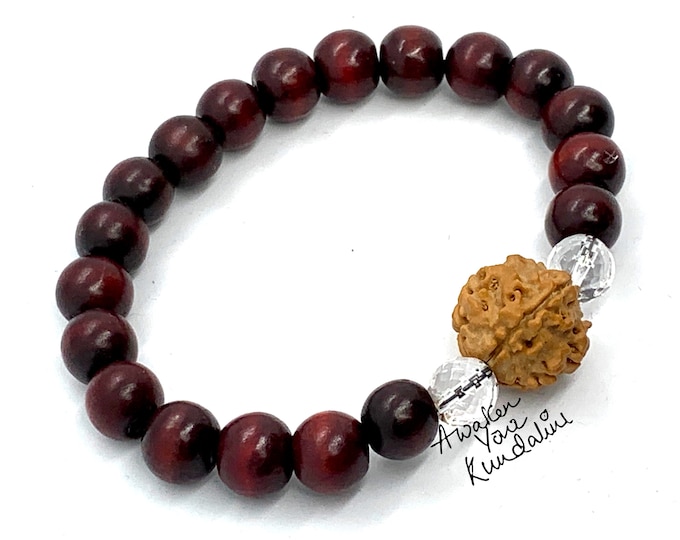 rosewood chakra mala bracelet, japa mala, wood mala, yoga mala, buddhist mala, 5 mukhi rudraksha, om mala, spiritual mala, meditation beads