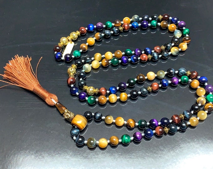 Blue Black Gray Green Tigers Eye Mala Necklace Energized Protection Purple Red Brown Golden Tiger Eye knotted Mala Yoga Healing Stone Jewelr