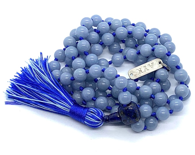 Angelite Knotted Mala Beads Necklace for Spiritual & Psychic Growth, Enhanced Intuition, Mindfulness, Communication