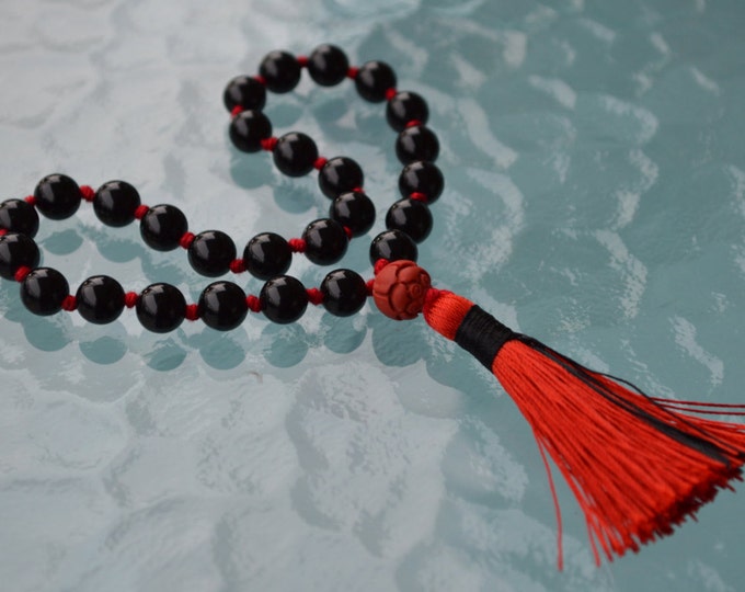 108 Black Tourmaline Cinnabar stone mala beads necklace Jewelry mens 27 + 1 beads Pocket Mala Quarter Mala Beads, Black and Red Mala Beads