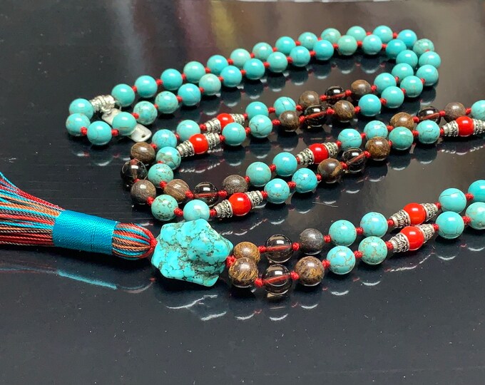 108 Turquoise Jewelry, Necklaces, Mala Beads , Beaded Necklace, Hand Knotted, Crystal Healing, Turquoise Knotted Mala Yoga Jewelry Reiki