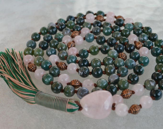 raw stone necklace, natural stone necklace, raw crystal necklace, rose quartz necklace, moss agate mala necklace, quartz necklace, 108 bead
