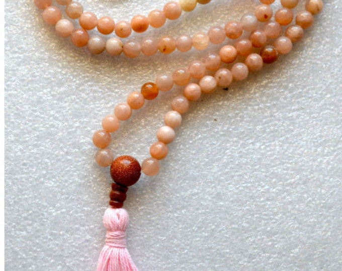 Sunstone & Red Goldstone Handmade Tassel Mala Beads Necklace -Energized Karma Nirvana Meditation 6mm Prayer Beads For Awakening Chakra Kunda