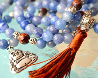 Blue Aventurine Tiger Eye w/ Buddha Charm Handmade Mala Beads Necklace -Energized Karma Nirvana Meditation 8mm Prayer Bead For Enlightenment