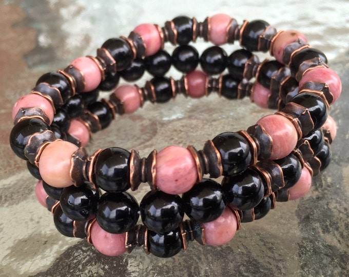 Empath Protection Rhodonite and Black Tourmaline Beaded Bracelet healing crystals for root chakra healing bracelet jewelry one of a kind