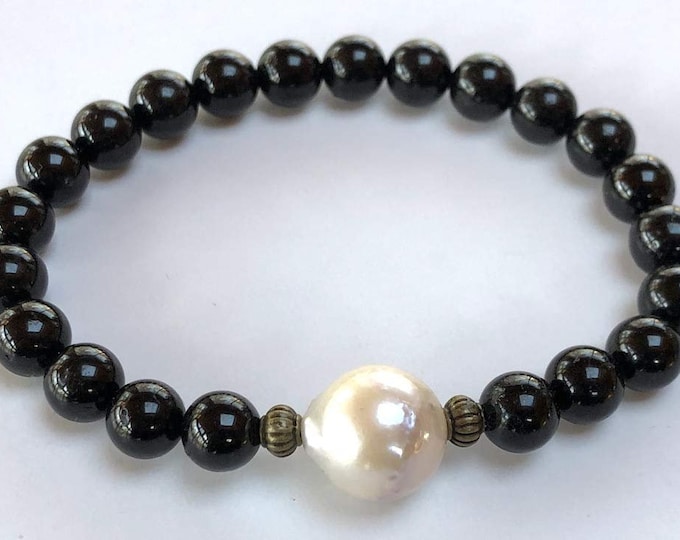 Energized Pearl & Black Tourmaline Bracelet Protection bracelet Empath Protection Aura Protection Pearl Bracelet Jewelry one of a kind