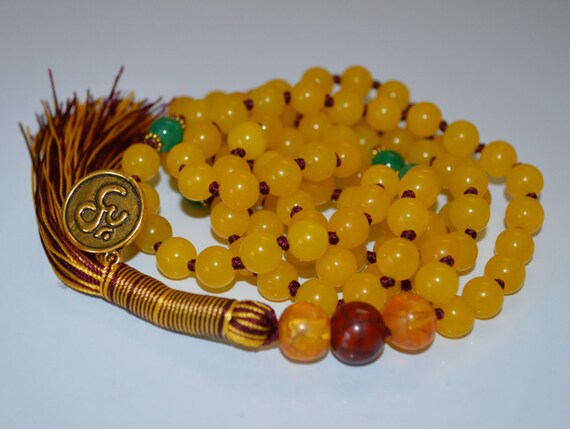 Semi Precious Yellow Jade, Knotted Mala Beads 108, Prayer Beads, Yoga, Japa, Mantra, Meditation, Spiritual Jewelry, Warming, AUM OM Charm