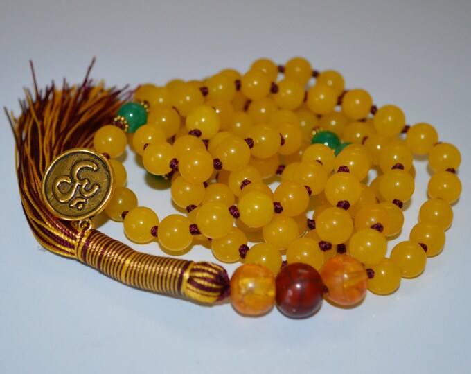 Semi Precious Yellow Jade, Knotted Mala Beads 108, Prayer Beads, Yoga, Japa, Mantra, Meditation, Spiritual Jewelry, Warming, AUM OM Charm