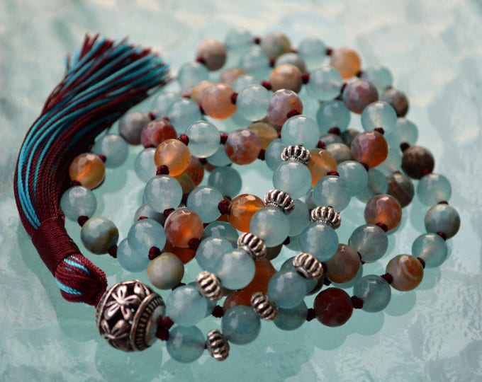 Yoga Mala Beads - Amazonite Faceted & Blue Jade Hand Knotted Necklace - Karma Meditation 8mm 108 Prayer Beads For Awakening Chakra Kunda