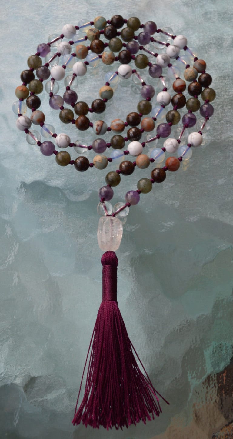 Enlightenment Crown Chakra Mala Seventh Chakra Rosary Divine Peace Oneness Hand knotted 108 Beads Necklace Cosmic Connection