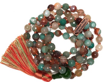 Natural Genuine Multicolored Agate hand knotted mala Beads Necklace | Green Peach mala| Healing Gemstones mala | Awaken your Kundalini