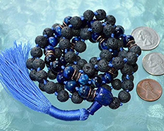 Blue Tiger's Eye Mala Beads Necklace Lava Hawks Eye Tiger's Eye Mala 8mm 108 Beads - Grounding Integrity Will power Intuition Insomnia