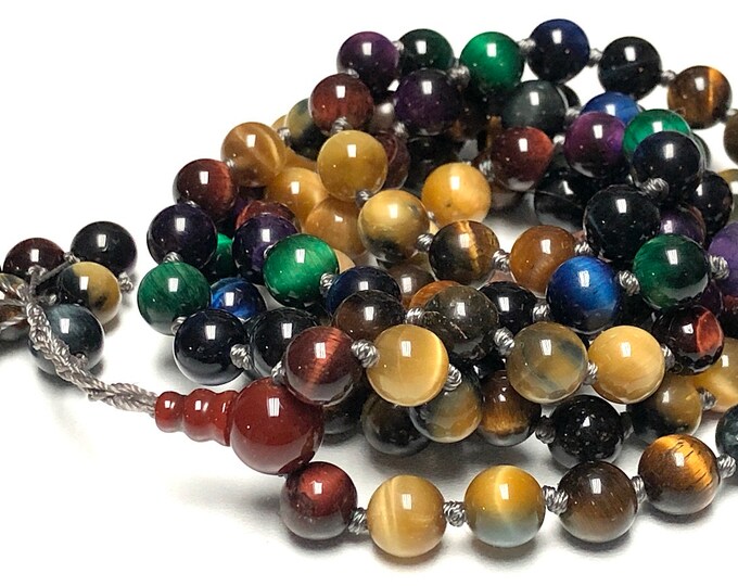 Energized, Blessed Rare & Powerful Blue, Black, Grey, Green, Miracle, Purple, Red, Brown, Golden Tiger's Eye, Hand knotted Mala beads Neckl