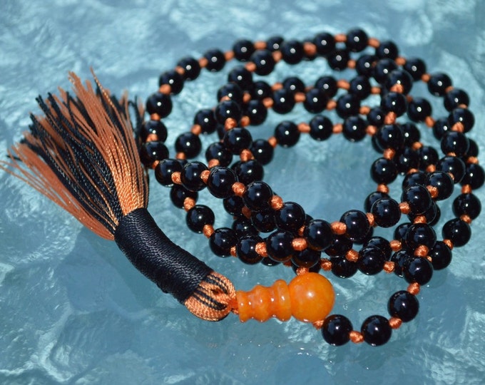 108 Knotted Mala Beads, Orange and Black Onyx necklace for Emotional Protection, Calming Sexual Tensions, Marital Disputes, Devotion