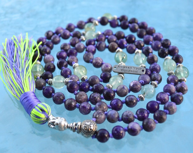 AAA Natural Charoite And Prehnite Knotted Gemstone Mala Beads Necklace