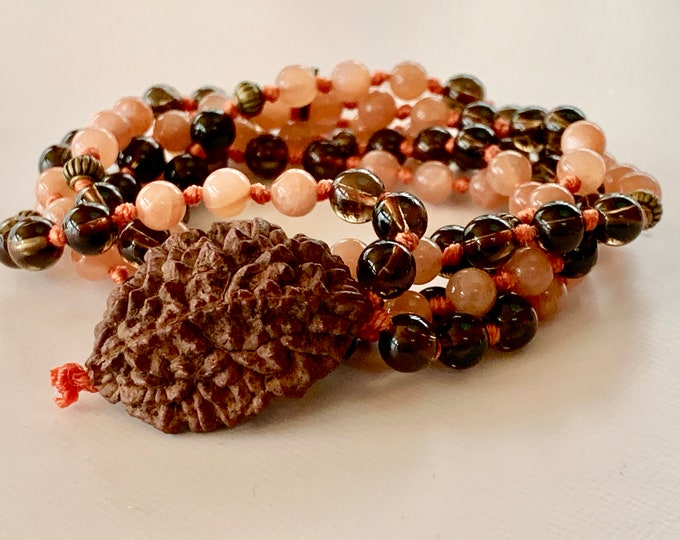 AAA Sunstone Smokey quartz mala necklace with 2 Mukhi Rudraksha Sunstone knotted necklace, Orange Sunstone mala beads 108 Smoky quartz mala