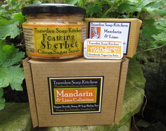 The Mandarin and Lime Collection, Vegan Gift set containing Citrus Sugar Scrub, Soap & Lip Balm, Eco Friendly  Present
