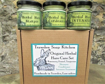 Plastic Free, Original Herbal Hare Care Set, Shampoo, Conditioner, Hair Mask. Vegan and Cruelty Free