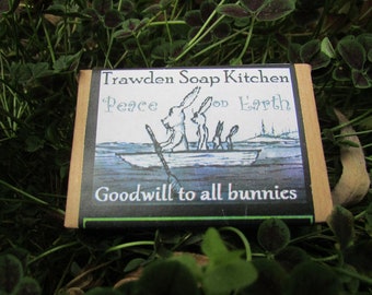 Festive bunny lovers soap, Peace on Earth, Goodwill to all Bunnies, Lemongrass, Lime and Ginger Soap Bar - 100g