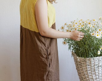 Linen dress, yellow brown linen shirt, women linen clothing, loose linen tunic with pockets,
