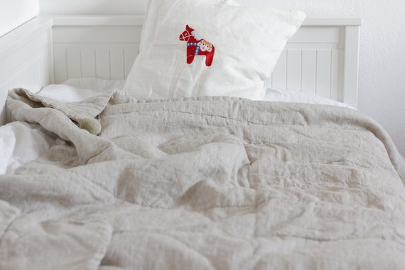 Throw Linen Blanket With Gray Pompom Baby Comforter Natural Etsy