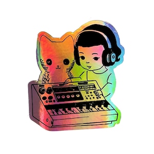 Holographic Analog Synth Girl Cat Sticker. Vinyl Kitty Sticker. Cat Laptop Sticker. Modular Synth. Vinyl Laptop Cat Water Bottle Sticker