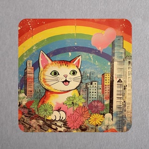Imán de gato atigrado de ciudad. Imán de gatito de vinilo. Imán de gato para refrigerador. Gato artístico. Imán de gato para refrigerador. Imán de gato retro para cocina. Gato de metro vintage