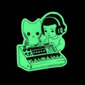 Glow-in-the-Dark Analog Synth Girl Cat Sticker. Vinyl Kitty Sticker. Cat Laptop Sticker. Modular Synth. Vinyl Laptop Water Bottle Sticker image 1