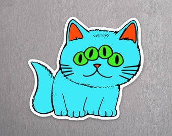 Imán de gato psicodélico azul con dibujos animados. Imán de vinilo con forma de gatito. Imán de gato para el frigorífico. Gato extraterrestre. Imán de gato para el frigorífico. Imán retro de gato para la cocina