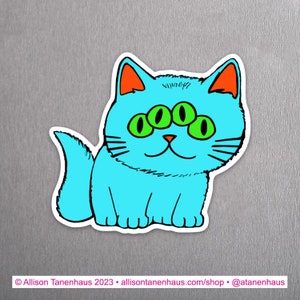 Blue Psychedelic Cat Cartoon Magnet. Vinyl Kitty Magnet. Cat Refrigerator Magnet. Alien Cat. Fridge Cat Magnet. Retro Cat Kitchen Magnet