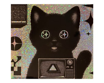 Glitter Black Cat TV Sticker. Vinyl Kitty Sticker. Cat Laptop Sticker. Cat Car Sticker. Vinyl Laptop Cat. Waterbottle Cat. CRT TV Art.