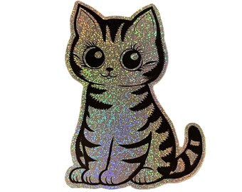 Glitter Striped Cat Sticker. Vinyl Kitty Sticker. Cat Laptop Sticker. Cat Car Sticker. Vinyl Laptop Cat. Waterbottle Cat. Trippy Cat Art.