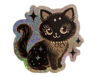 Glitter Cosmic Cat Sticker. Vinyl Kitty Sticker. Cat Laptop Sticker. Cat Car Sticker. Vinyl Laptop Cat. Waterbottle Cat. Vintage Cat.