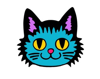 Blue Cartoon Cat Sticker. Vinyl Kitty Sticker. Cat Drawing Laptop Sticker. Retro Cat Art. Water Bottle Sticker. Vintage 1960s Cat Art