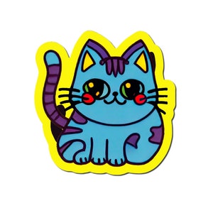 Blue Yellow Cartoon Cat Sticker. Vinyl Kitty Sticker. Cat Drawing Laptop Sticker. Retro Cat Art. Water Bottle Sticker. Vintage 1950s Cat Art