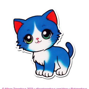 ブルーのクラシックな漫画猫のステッカー。ビニール製の子猫のステッカー。アニメ猫のラップトップ ステッカー。レトロな猫のアート。ウォーター ボトルのステッカー。1960 年代のヴィンテージ猫のアート