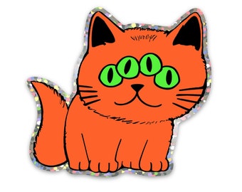 Gato mutante rojo brillante. Pegatina de gatito de vinilo. Pegatina para portátil de gato. Pegatina de gato para coche. Gato de vinilo. Pegatina de botella de agua. Arte Del Gato Del Brillo