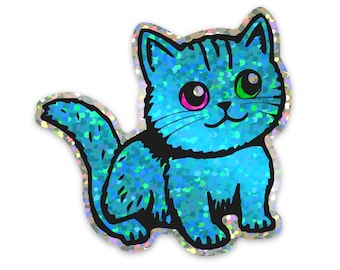 Blue Glitter Cat. Vinyl Kitty Sticker. Cat Laptop Sticker. Car Cat Sticker. Vinyl Cat. Water Bottle Sticker. Glittery Blue Cat Art